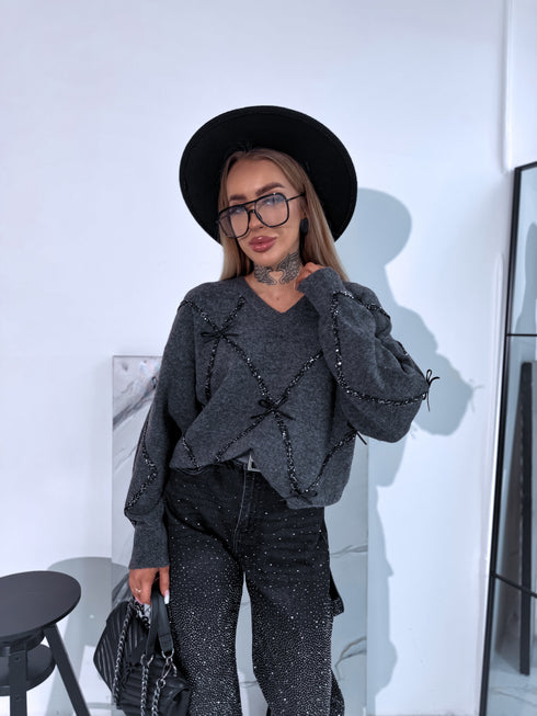 Knitted sweater "GLITTER BOW MO-4006" - DARK GRAY